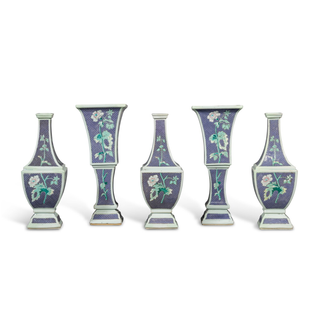 View full screen - View 1 of Lot 17. An Extremely Rare Chinese Export Lavender-Ground 'Floral' Five-Piece Garniture, Qing Dynasty, Qianlong Period, circa 1740 .