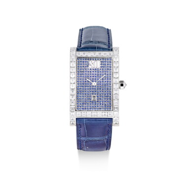 View full screen - View 1 of Lot 357. GRAFF | TANK, A WHITE GOLD, DIAMOND AND SAPPHIRE-SET WRISTWATCH WITH DATE, CIRCA 2010.