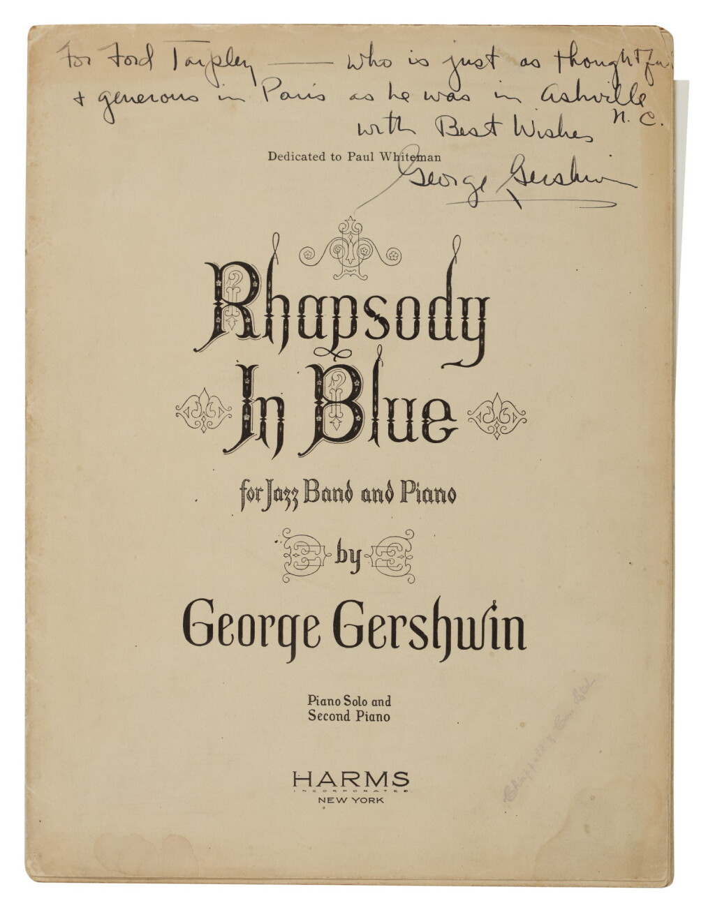 View full screen - View 1 of Lot 81. GEORGE GERSHWIN | A signed presentation copy George Gershwin's masterpiece, Rhapsody in Blue..