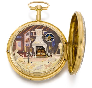 View full screen - View 1 of Lot 38. 'THE KITCHEN' SWISS | A RARE GOLD AND ENAMEL WATCH WITH AUTOMATON DEPICTING A KITCHEN SCENE ATTRIBUTED TO PIERRE-SIMON GOUNOUILHOU, GENEVA CIRCA 1820.