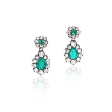 View full screen - View 1 of Lot 861. Pair of emerald and diamond earrings, mid 19th century and later.