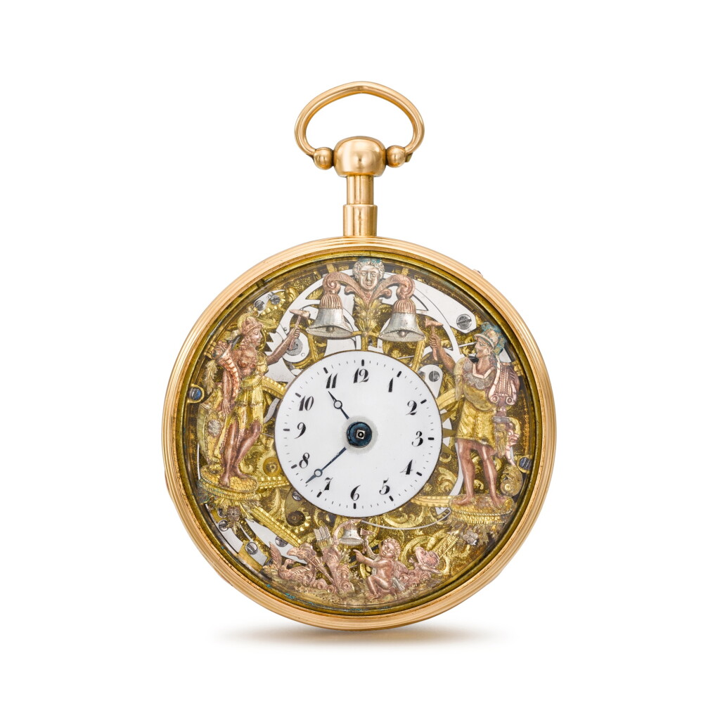 View full screen - View 1 of Lot 1386. A gold carillon quarter repeating automaton watch with jacquemarts Circa 1820, nos. 13561, 16218.