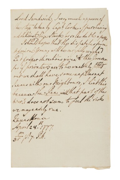 View full screen - View 1 of Lot 39. George III, King | A letter to Lord Sandwich, discussing Captain Cook and American privateers.