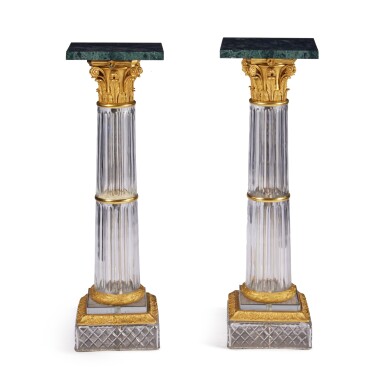 View full screen - View 1 of Lot 157. A Pair of Gilt Bronze Mounted Cut Glass Corinthian Columns with Green Marble Tops, 20th Century.