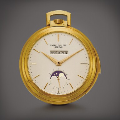 View full screen - View 1 of Lot 2023. Reference 844 | A yellow gold minute repeating openface watch with straight line perpetual calendar and moon phases, Retailed by Chronometre Beyer Zurich, Made in 1977 | 百達翡麗 | 型號844 | 黃金三問直線萬年曆懷錶,備月相顯示,由 Chronometre Beyer Zurich 發行,1977年製.