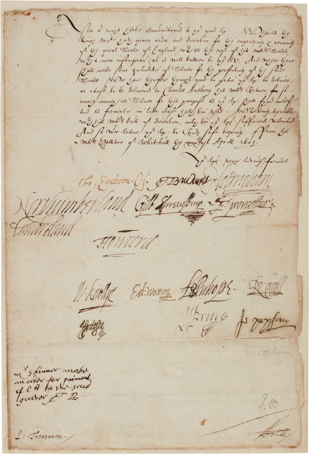 View full screen - View 1 of Lot 12. King James I—Privy Council | Letter signed, to the Lord Treasurer, on the production of a new great seal, 29 April 1603.