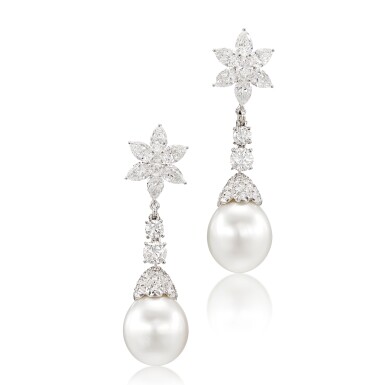 View full screen - View 1 of Lot 298. Pair of Cultured Pearl and Diamond Pendent Earrings | 養殖珍珠 配 鑽石 耳墜一對.