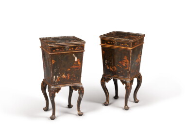 View full screen - View 1 of Lot 41. A pair of Italian small black and gold varnished side tables, Venitian, circa 1760 | Paire de petites tables de salon en vernis noir et or, Venise, vers 1760.