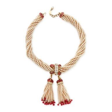 View full screen - View 1 of Lot 211. Red Gripoix Glass, Strass, Gold Metal and Pink Imitation Pearl Necklace, 1983.