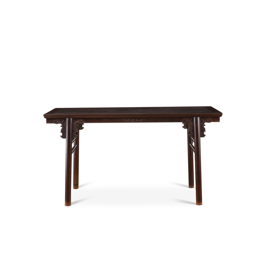 View full screen - View 1 of Lot 3759. A zitan recessed-leg table, pingtou'an, Qing dynasty, 18th century | 清十八世紀 紫檀螭龍紋夾頭榫平頭案.