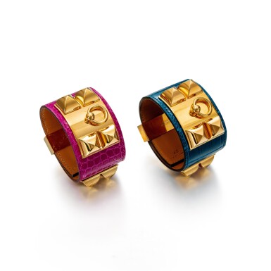 View full screen - View 1 of Lot 8363. Set of 2 Alligator Collier de Chien Bracelets | 愛馬仕一套兩條短吻鱷皮 Collier de Chien 手環.