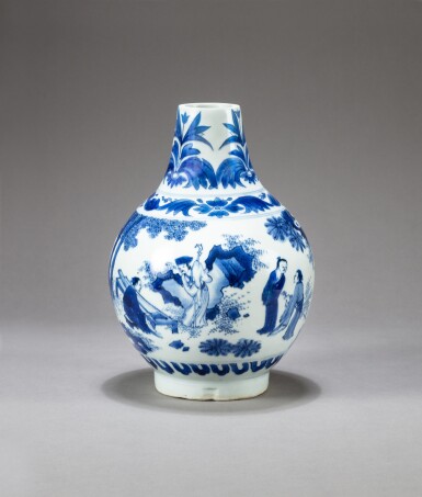 View full screen - View 1 of Lot 185. A blue and white bottle vase, Transitional period | 明末清初 花人物故事紋賞瓶.