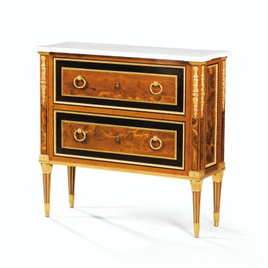 View full screen - View 1 of Lot 96. A GILT-BRONZE MOUNTED EBONY AND BURR YEW COMMODE, LOUIS XVI STAMPED P. PASQUIER | COMMODE EN PLACAGE D'ÉBÈNE, RONCE D'IF D'ÉPOQUE LOUIS XVI, ESTAMPILLÉE P. PASQUIER.