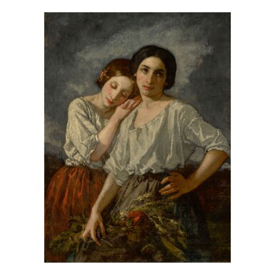 View full screen - View 1 of Lot 10. THOMAS COUTURE | TWO SISTERS (STUDY FOR "THE PROMISES" IN THE ENROLLMENT OF THE VOLUNTEERS OF 1792) .