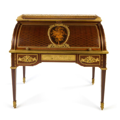View full screen - View 1 of Lot 99. A Louis XVI style gilt-bronze mounted amaranth, mahogany and marquetry bureau à cylindre, by Henry Dasson after the model by Jean-Henri Riesener, Paris, 1886 | Zylinderschreibtisch im Stile Louis XVI aus Amarant, Mahagoni und Marketerie und mit vergoldeten Bronzefassungen, von Henry Dasson nach einem Modell von Jean-Henri Riesener, Paris, 1886.