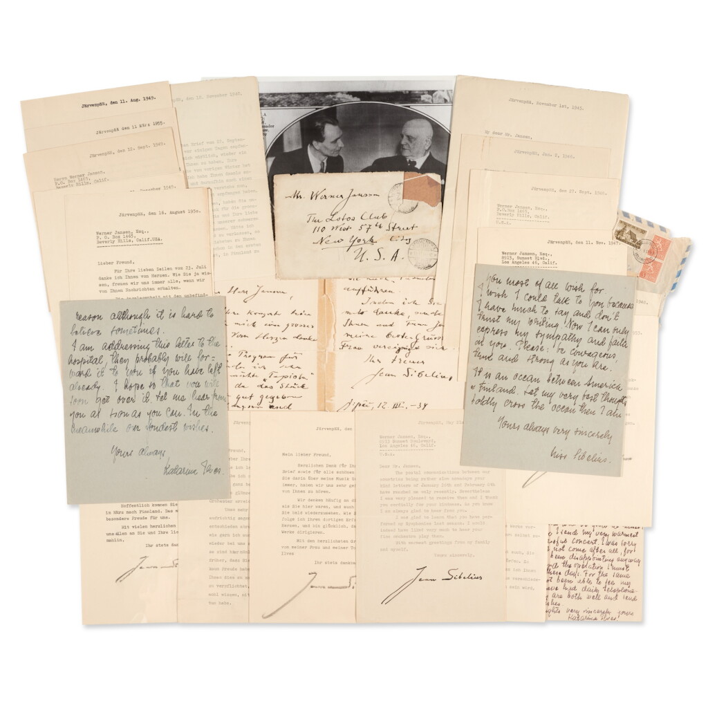 View full screen - View 1 of Lot 68. J. Sibelius. Remarkable collection of 22 letters signed, to Werner Janssen, 1934-1957.