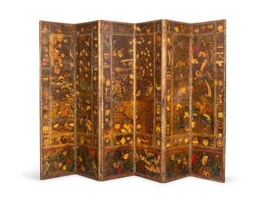 View full screen - View 1 of Lot 105. A six-leaf painted leather screen, probably Flanders, 18th century | Paravent à six feuilles en cuir peint, probablement Flandres, XVIIIe siècle.