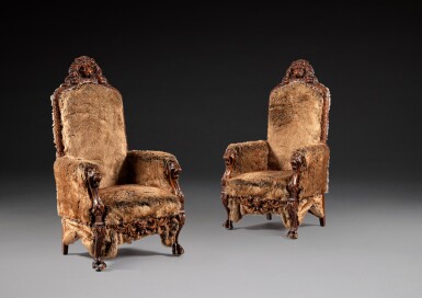 View full screen - View 1 of Lot 17. Pair of carved oak armchairs with high flat backs, late 19th century | Paire de fauteuils à haut dossier plat en chêne sculpté, fin XIXeme siècle.