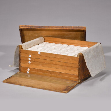 View full screen - View 1 of Lot 160. A cased set of seven trays with 'Grand Tour' plaster cameo portraits, depicting contemporary and historical figures, mid-19th century.