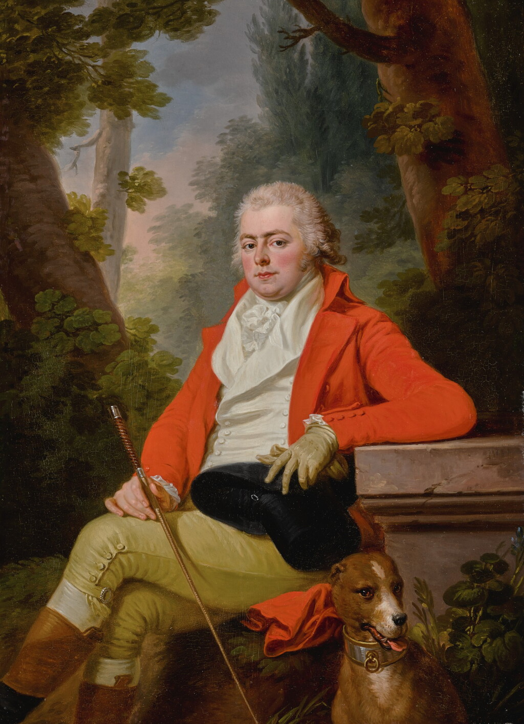View full screen - View 1 of Lot 277. JOSEPH KREUTZINGER | PORTRAIT OF PRINCE ALEXEI GOLITSYN WITH HIS DOG, SEATED IN A WOODED LANDSCAPE.