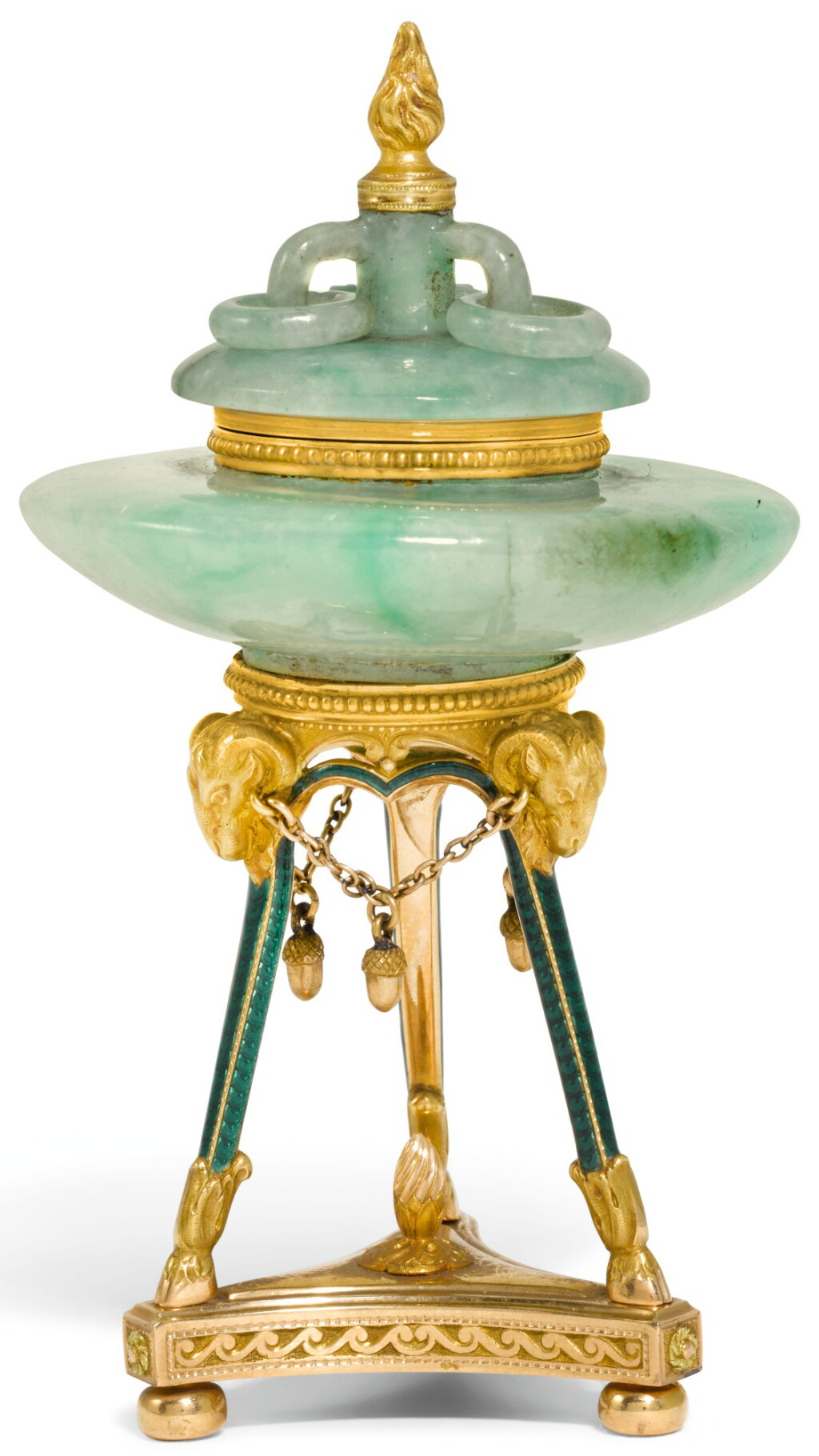 View full screen - View 1 of Lot 31. A TWO-COLOUR GOLD, ENAMEL AND JADEITE PERFUME BURNER, F. BISSON FOR BOUCHERON, PARIS, CIRCA 1905.