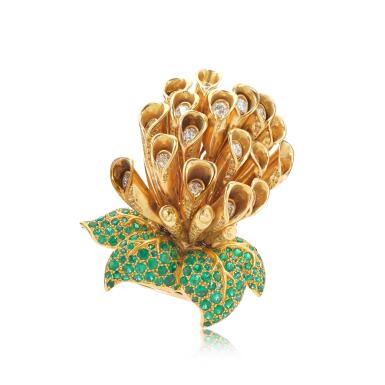 View full screen - View 1 of Lot 1200. Gold, emerald, diamond and coloured diamond brooch, circa 1990.