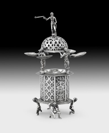 View full screen - View 1 of Lot 362. An Italian silver salt-cellar shaped as a well, maker's mark MN? and a cross, Venice, 17th century | Salière en argent en forme de puits, poinçon de maître MN? et une croix dans un triangle, Venise, XVIIe siècle.