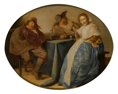 View full screen - View 1 of Lot 20. STUDIO OF PIETER CODDE | An interior with two cavalryman and a lady, all seated around a table.