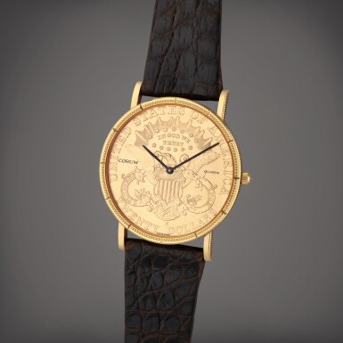 View full screen - View 1 of Lot 121. Reference 373985 | A yellow gold wristwatch with coin front and back, Circa 1980.