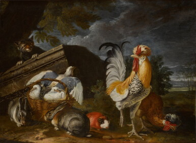 View full screen - View 1 of Lot 242. A cat lurking by a basket of pigeons, with two rabbits, a marmot, a rooster and a chicken in the foreground.