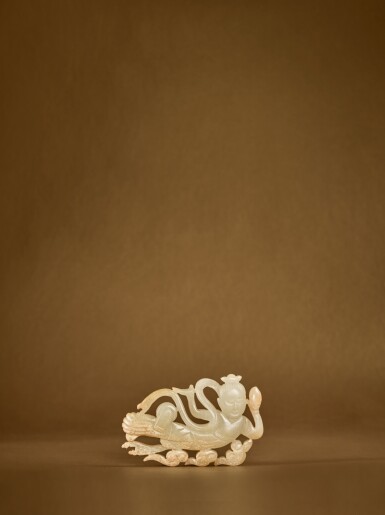View full screen - View 1 of Lot 120. A pale celadon jade carving of an apsara, Tang dynasty .