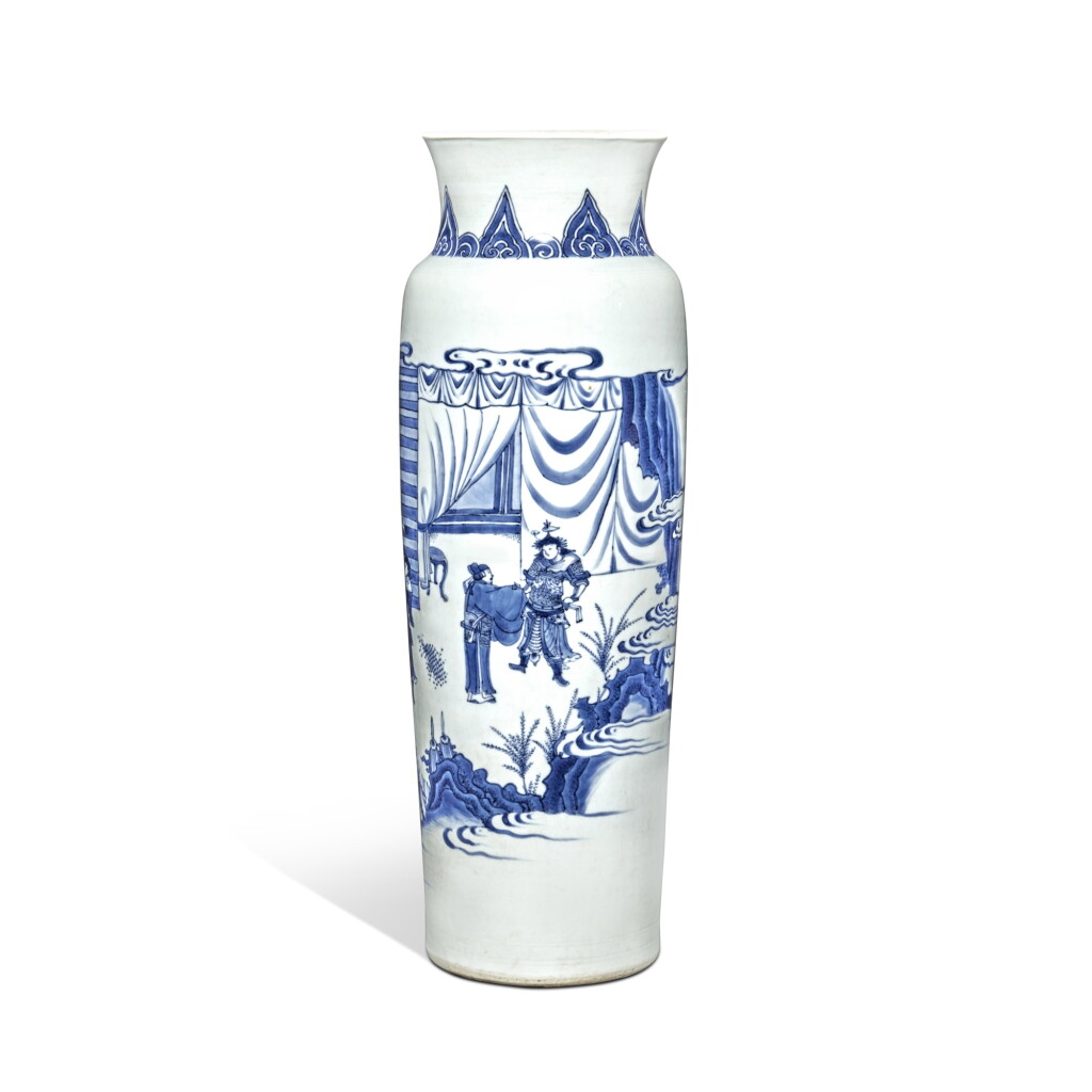 View full screen - View 1 of Lot 136. A blue and white 'Romance of the Three Kingdoms' sleeve vase, Ming dynasty, Chongzhen period.