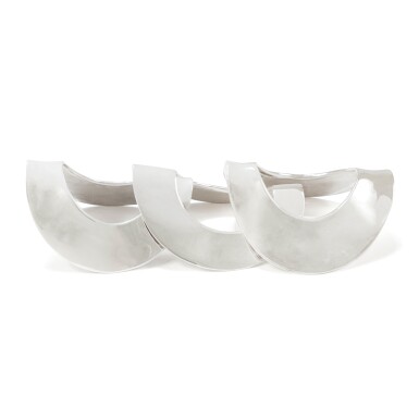 View full screen - View 1 of Lot 631. Frances Patiky Stein's Collection: Lot of Three Silver Triangle Bracelets, 2000.