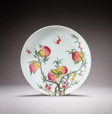 View full screen - View 1 of Lot 140. A famille rose 'bat and peach' dish, Republican period | 民國 粉彩福壽雙全紋盤《大清雍正年製》仿款.