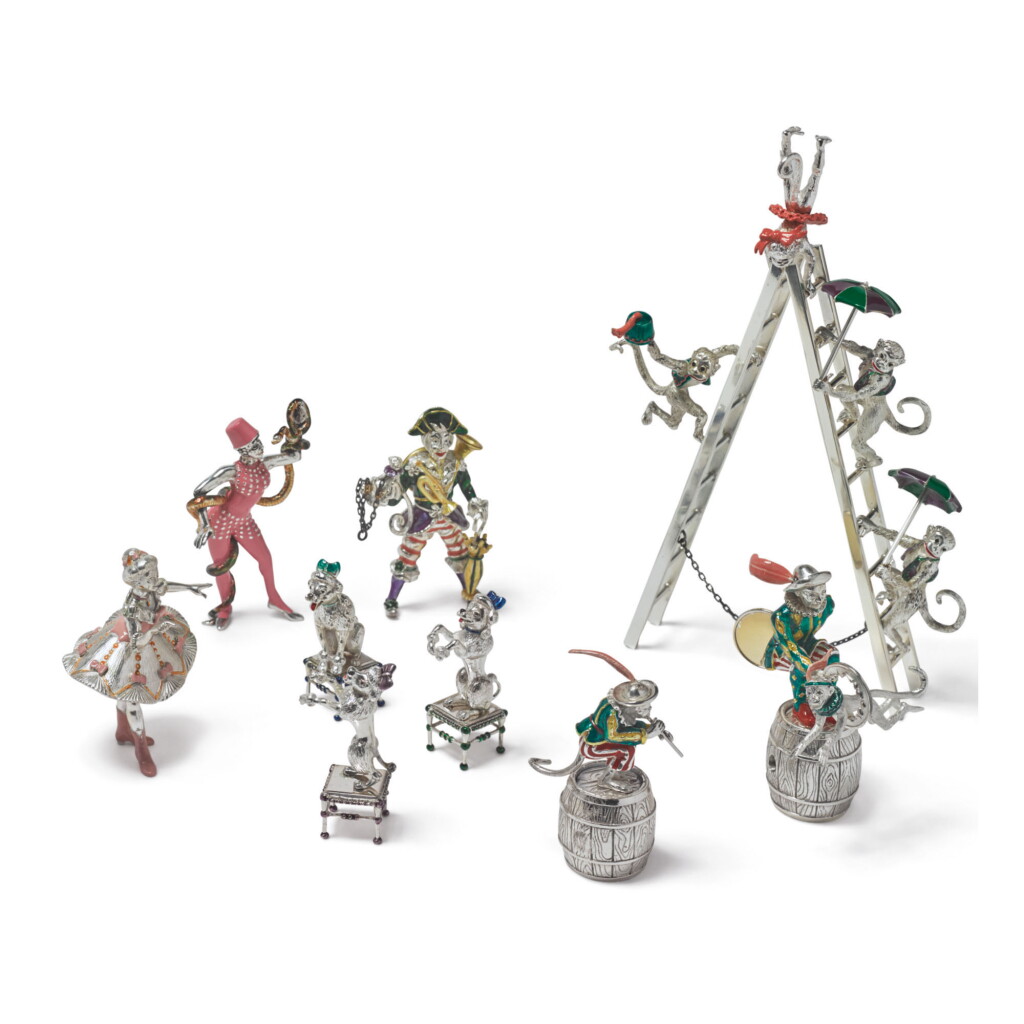 View full screen - View 1 of Lot 1860. ANIMAL TRAINERS: A GROUP OF SILVER AND ENAMEL CIRCUS FIGURES, DESIGNED BY GENE MOORE FOR TIFFANY & CO., NEW YORK, CIRCA 1990.
