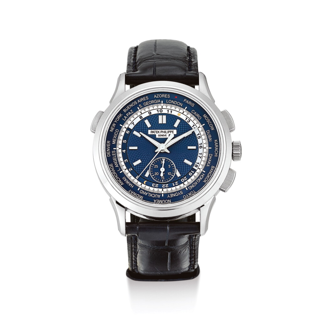 View full screen - View 1 of Lot 2063. PATEK PHILIPPE | REFERENCE 5930 A WHITE GOLD WORLDTIME CHRONOGRAPH WRISTWATCH, CIRCA 2018" | 百達翡麗 | 型號5930 白金世界時間計時腕錶,機芯編號7130731,錶殼編號6260168,約2018年製".