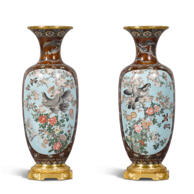 View full screen - View 1 of Lot 78. A pair of Japanese cloisonné enamel vases, late 19th century.