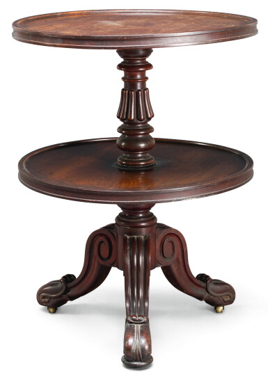 View full screen - View 1 of Lot 43. AN IRISH GEORGE IV MAHOGANY TWO-TIER DUMB-WAITER, CIRCA 1825, ATTRIBUTED TO MACK, WILLIAMS & GIBTON.