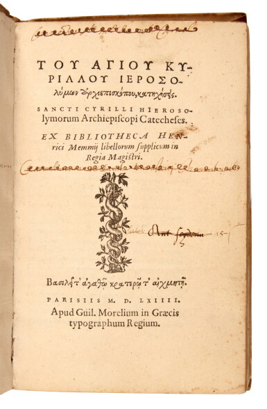 View full screen - View 1 of Lot 1074. Cyrillus Hierosolymitanus, Katēchēseōs, Paris, 1564, contemporary vellum.
