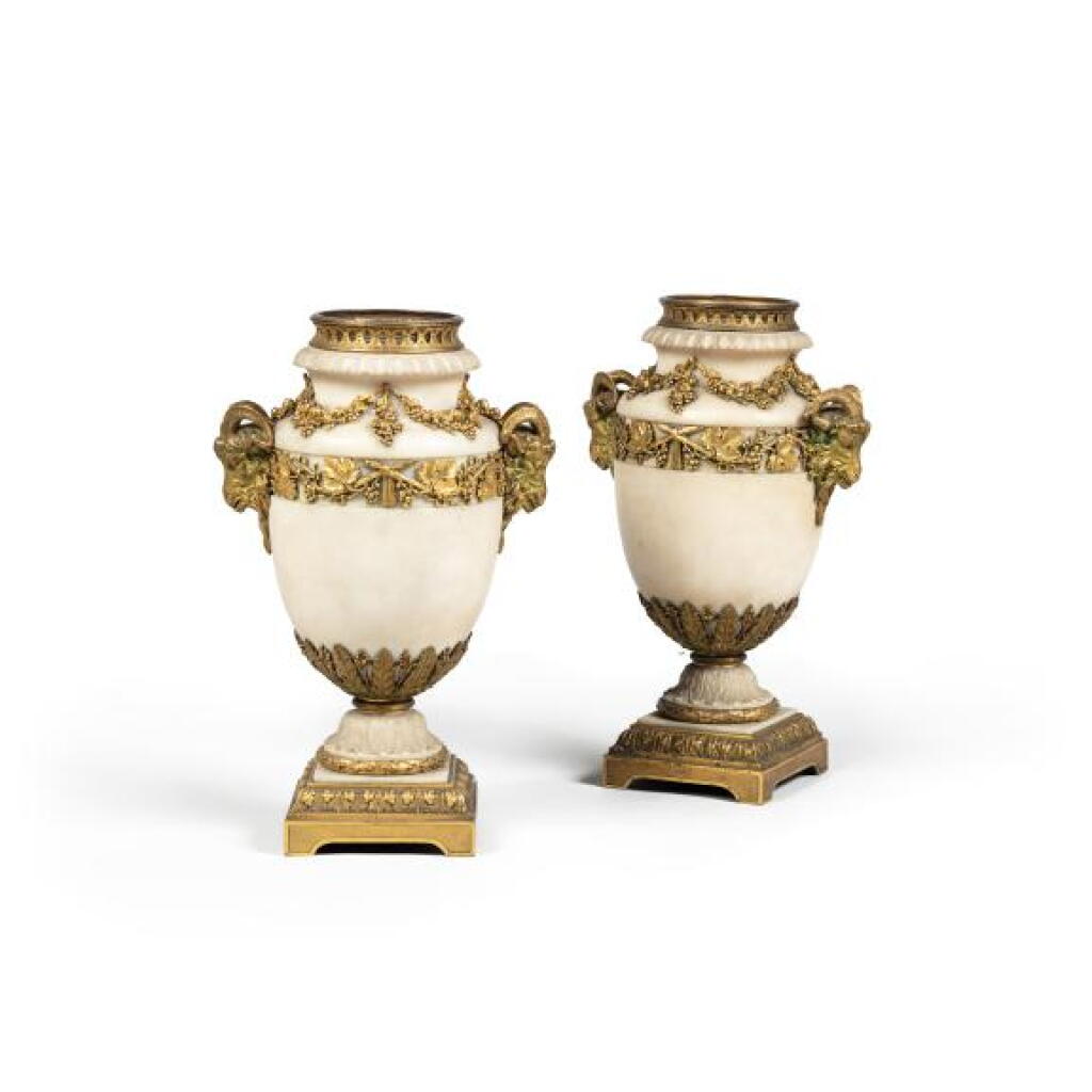 View full screen - View 1 of Lot 3. A pair of Louis XVI style white marble and gilt-bronze vases, 19th century.