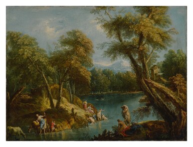 View full screen - View 1 of Lot 600. A wooded landscape with figures and animals by a lake.