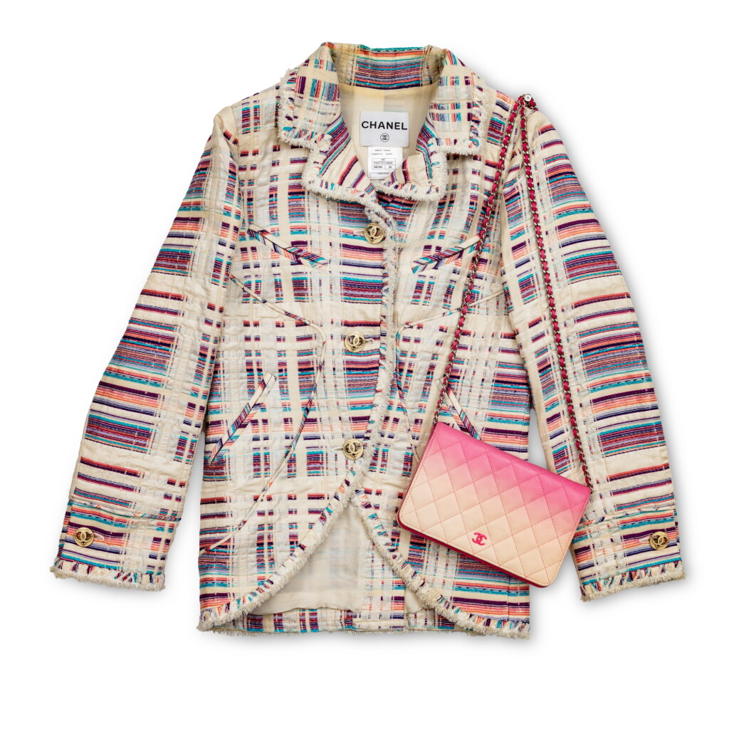View full screen - View 1 of Lot 646. Set of Two White and Multicolor Tweed Jacket and Pink Ombre Calfskin Quilted Wallet on Chain Pink and Silver Hardware, 2015-16.