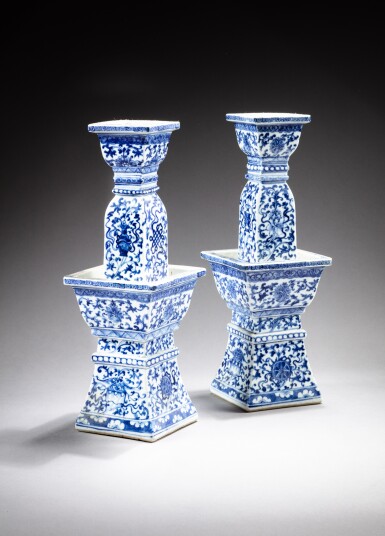 View full screen - View 1 of Lot 163. A pair of blue and white 'bajixiang' candlesticks, Late Qing dynasty - Republican period | 晚清至民國 青花八吉祥紋燭台一對 .