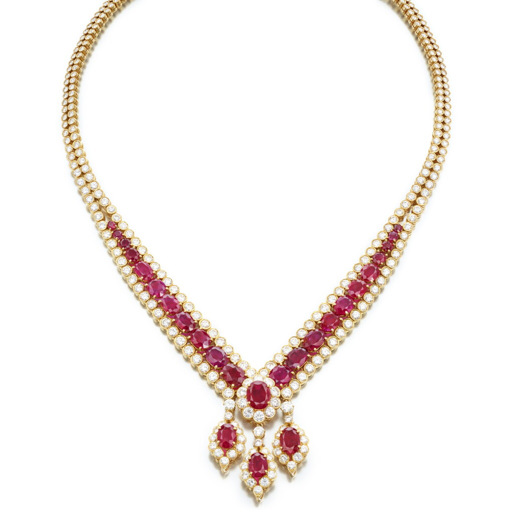 View full screen - View 1 of Lot 590. Ruby and Diamond 'Gazelle' Necklace.
