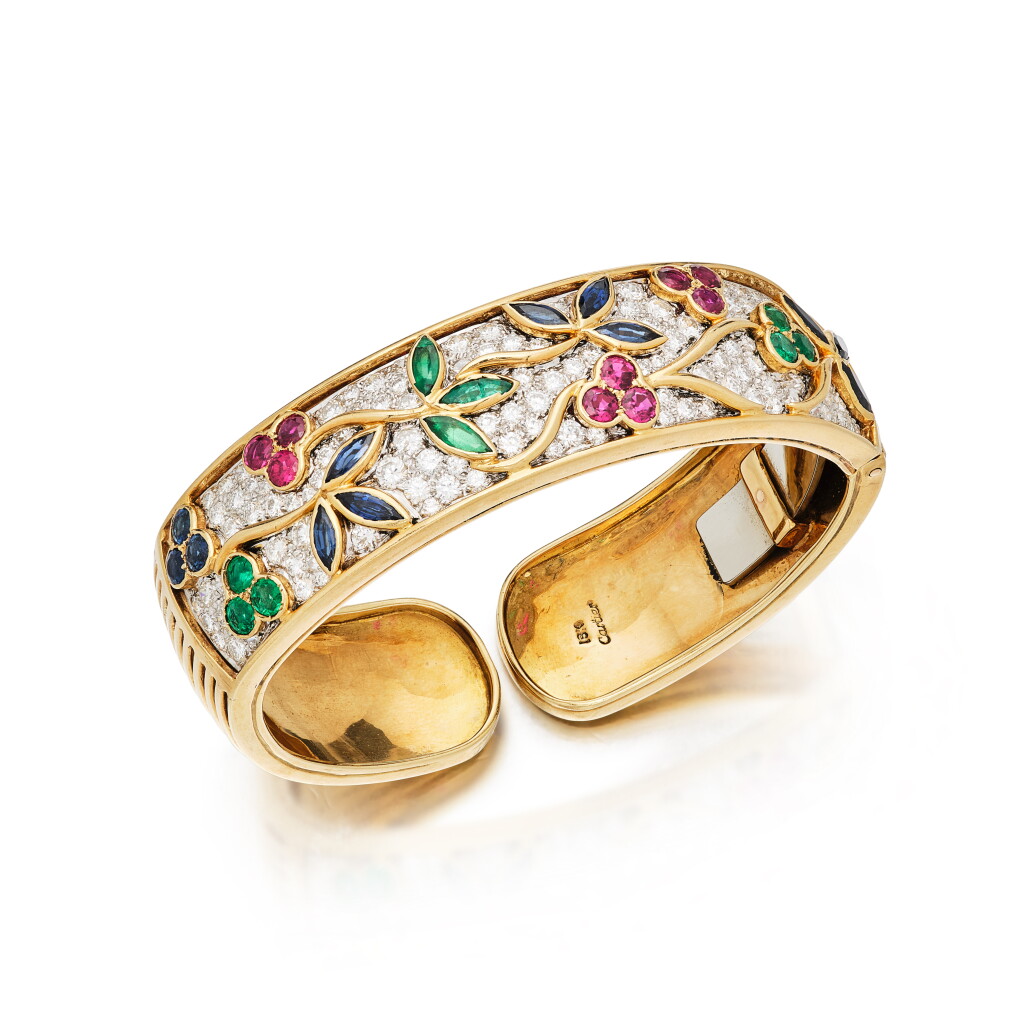 View full screen - View 1 of Lot 361. Gold, Colored Stone and Diamond Cuff-Bracelet.