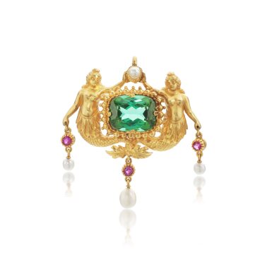 View full screen - View 1 of Lot 730. Gold, tourmaline, ruby and pearl brooch/pendant, circa 1890.