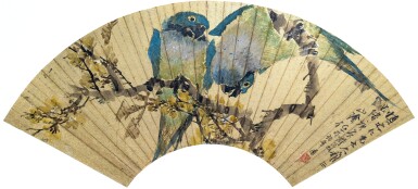 View full screen - View 1 of Lot 3138. 任頤 枝頭鸚戲 | Ren Yi, Parrots Perching on the Branches.
