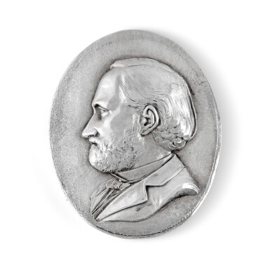 View full screen - View 1 of Lot 175. An American Silver Portrait Medallion of Charles Lewis Tiffany, Signed by Eugene J. Soligny of Tiffany & Co., New York, Circa 1870-76.