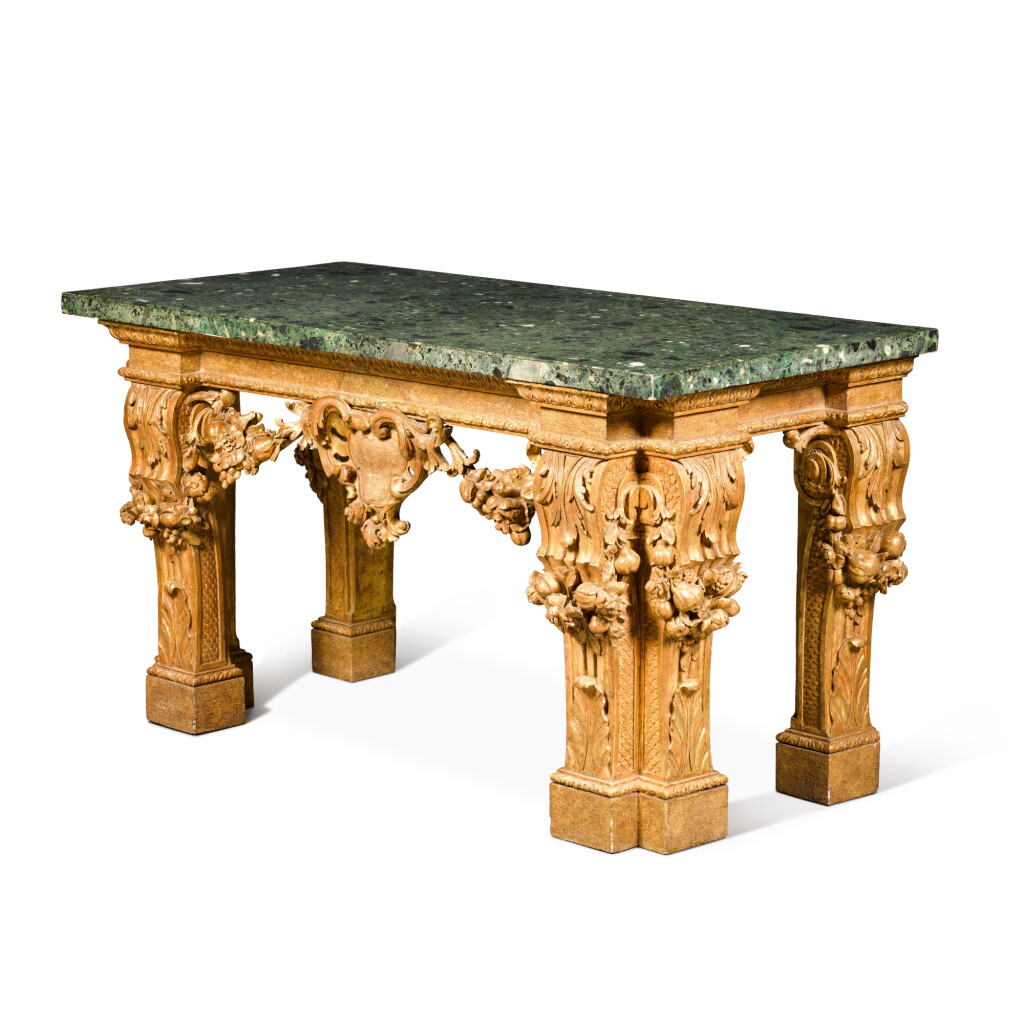 View full screen - View 1 of Lot 118. A George II carved giltwood console table, in the manner of William Kent, circa 1750.
