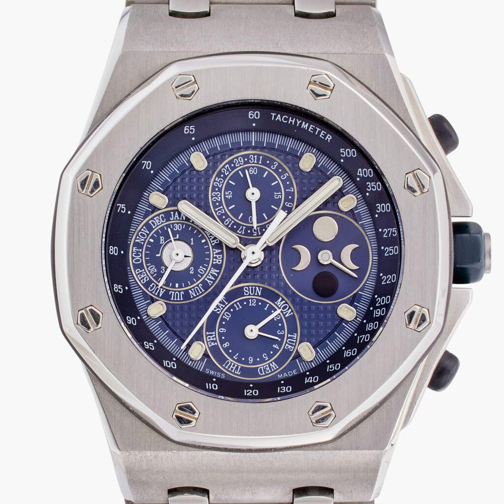 View full screen - View 1 of Lot 174. Reference 25854ST Royal Oak Offshore | A stainless steel automatic perpetual calendar chronograph wristwatch with leap year indication, moon phases, and bracelet, Circa 2000.